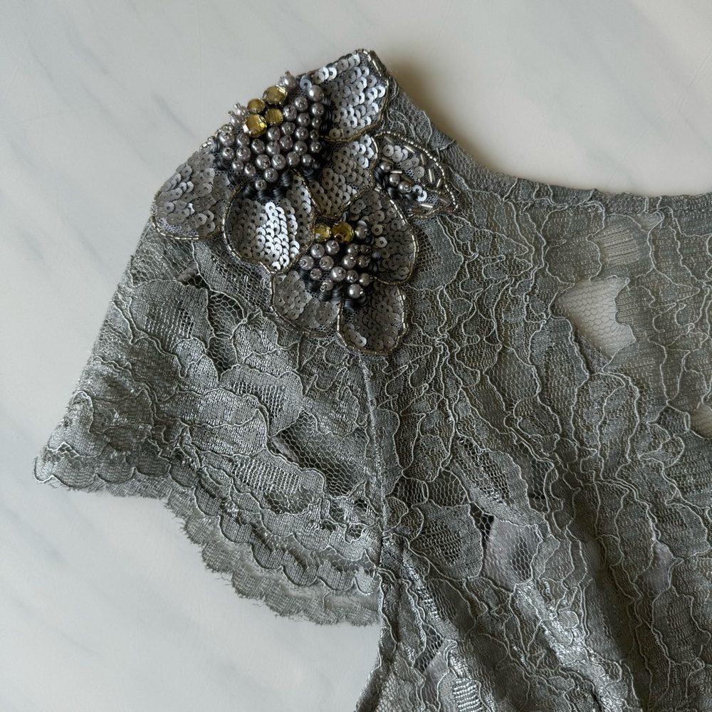 Adrianna Papell silver metallic lace gown dress - Picture 5 of 8